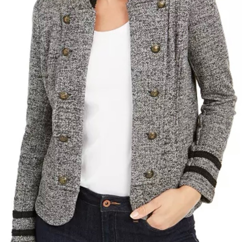 Tommy Hilfiger Grey Tweed Double-Breasted Blazer with Black Stripes
